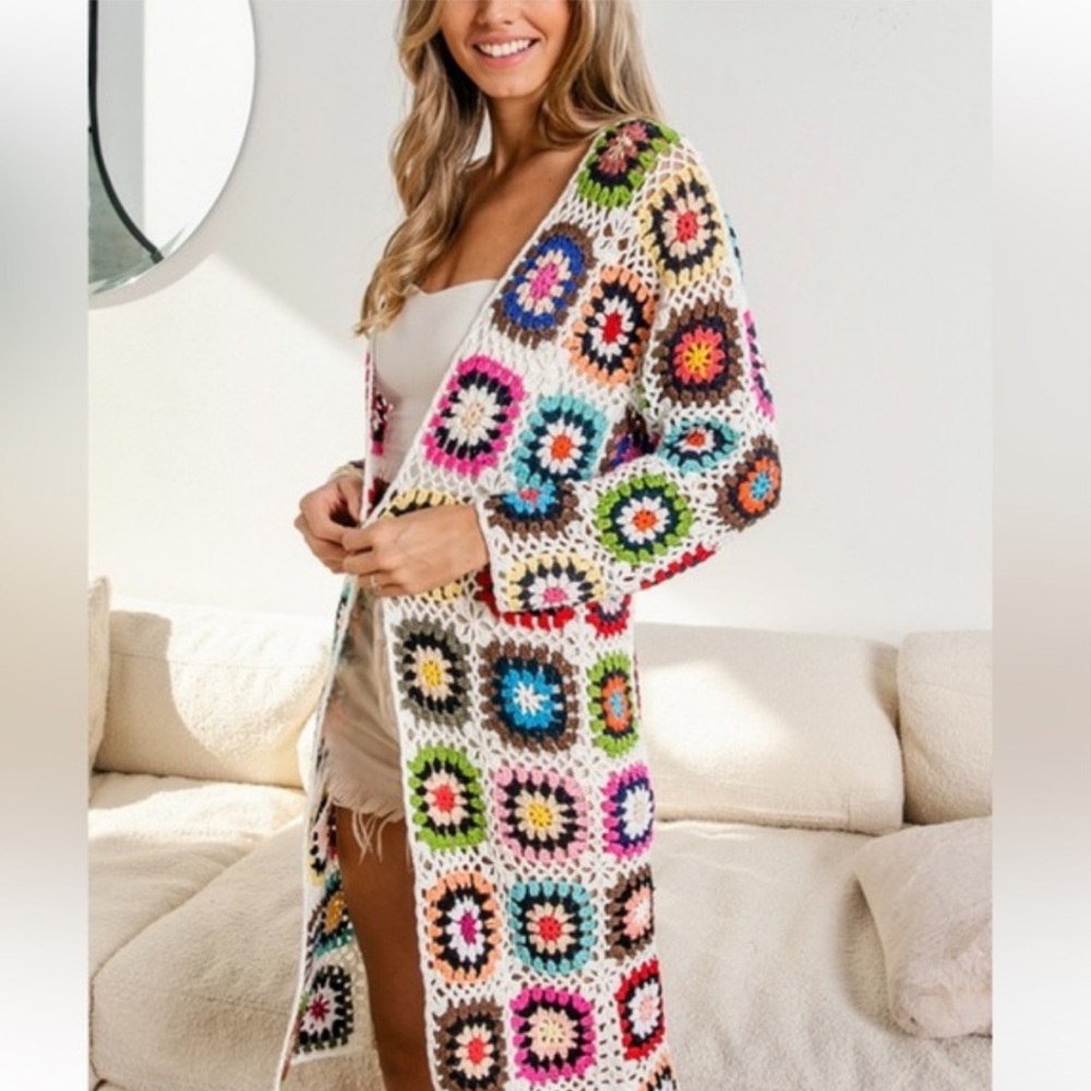 BIBI Handmade Granny Square Crochet Cardigan swim suit coverup long cardigan L - Picture 4 of 12
